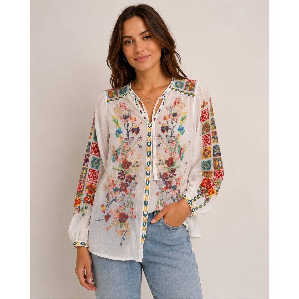 Johnny Was Embroidered Sheer Boho Floral Blouse White Size XS